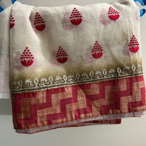 Half White Cotton Kota Saree With Red Embroidery