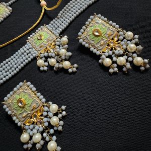 Gold Plated Gray Moti With Minakari Jewellery Set