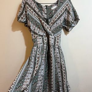 Korean Green Pattern V Neck Dress