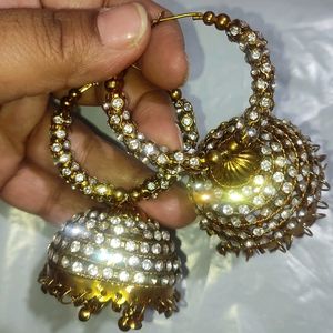 Golden White Stone Jhumki Earring