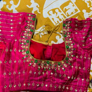 Green And Pink Kanchi Saree With Maggam Work Blous
