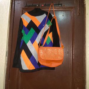 Buy Women Vibrant Multi Winter Sweater And Bag Fre