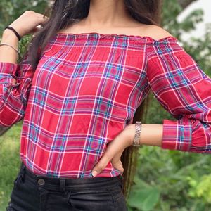 Off shoulder Red Check Shirt Top