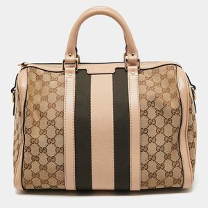 Auth Gucci Beige Canvas And Leather Web Boston Bag