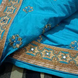 Blue Saree With Mirror Work