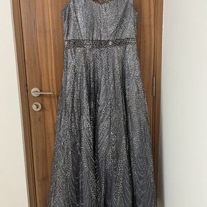 Grey Glitter Ethnic Gown With Transparent Neck