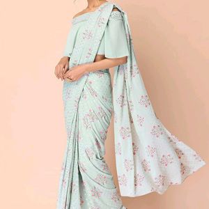 Sage Floral Foil Pre- Stitched Saree