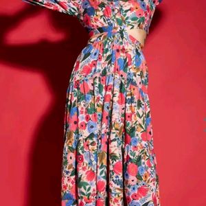 Floral Printed Cut Out Crepe Maxi Dress