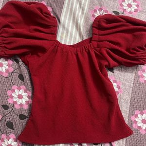 Red Puff Sleeves Top For Women