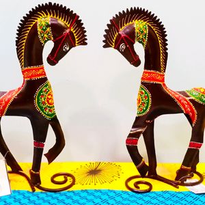 Pair Set Of 2 Metal Art Horses Decor