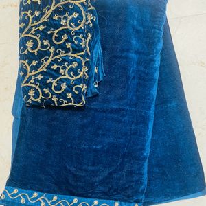 Unused Teal Blue Velvet Saree