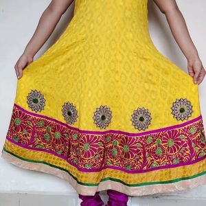 Women Yellow and pink anarkali dress  dupatta