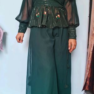 Dark Green Ethnic Plazo Sequins Stylish Top Dress