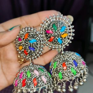 Silver Jhumka With Multi Colour Stone