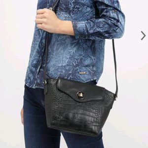 Black Textured Leather Sling Bag