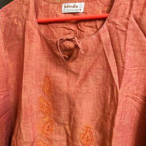 Orange Embroidered Fabindia Short Kurti