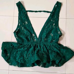 Imported Vintage Green Plunge Neck Top