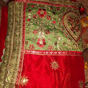 Heavy Festive Wear Red And Green Saree