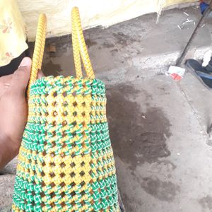 Hand Made Yellow With Green Striped Wire Bag