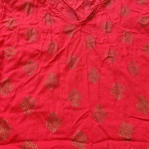 Golden Printed Red Cotton Kurta