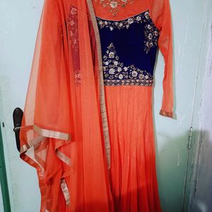 Orange Anarkali Net Gown With Dupatta And Chudidar