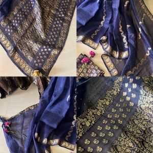 Blue Organza Silk  Saree Vth Blouse