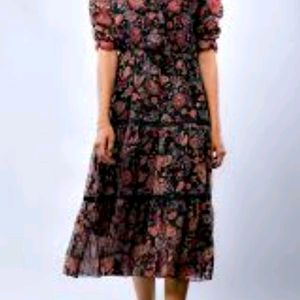 Quality Black&Rust Orange Floral Print Tiered Midi