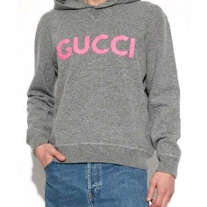 Authentic Gucci Men's Gray Intarsia Logo Knit Hood