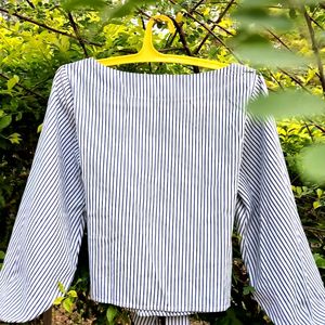 Blue Striped White Balloon Sleeve Top