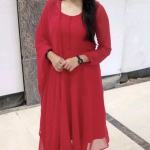 Red Georgette Circular Frock Suit With Dupatta