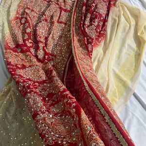 Beautiful Red And White Heavy Work Wedding Saree