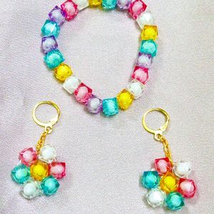 Multi Colour Crystal Beads Bracelet With Earring