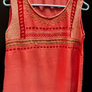 Embroidered Coral Tunic Kurti (Never Used)