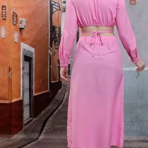 Pink Cuffed Sleeves Cut-Out Shirt Style Midi Drss