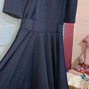 Navy Blue Flared Dress With Belt