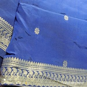 Beautiful Royal Blue Silk Sari With Golden Border