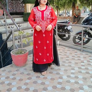 Red Mirror Work Chikankari Kurti