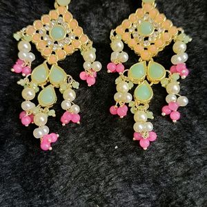 New Zaveri Pearls Green And Pink Stones Kundan Ne