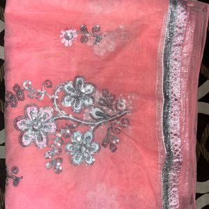 Chiffon Saree, Pink Colour, Hand In Embroidery