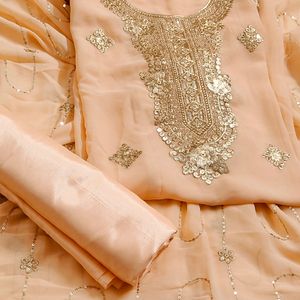 Women Peach Zari Embroidered Semi Stitched Fabric