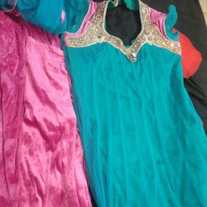 Anarkali Suit With Velvet Leggings And net Dupatta