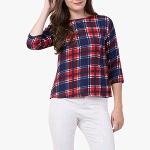 Round-Neck Checked Top