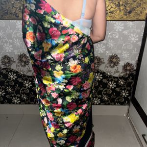 Black floral saree with attached blouse