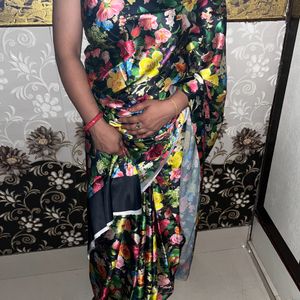 Black floral saree with attached blouse