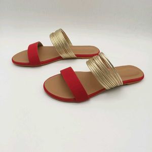 Red And Gold Flat Sandals.