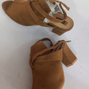 Tan Color Block Heel Open Toe Boots