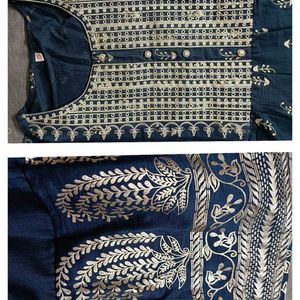 Festive Women Blue Thread Embroidery Printed Suit