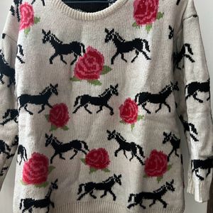 Horse And Rose Design Sweater