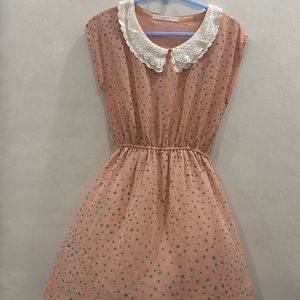 Peach Star Print Dress With Collar