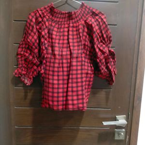 Off Shoulder Red Checkered Top